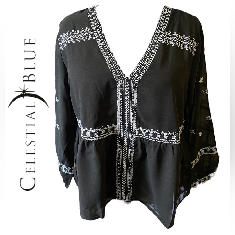 Celestial Blue Black & White Blouse